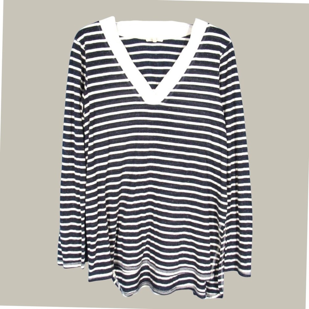 MYSTREE Navy Blue White STRIPED Thin Knit V-NECK Nautical OVERSIZE T-SHIRT TOP M